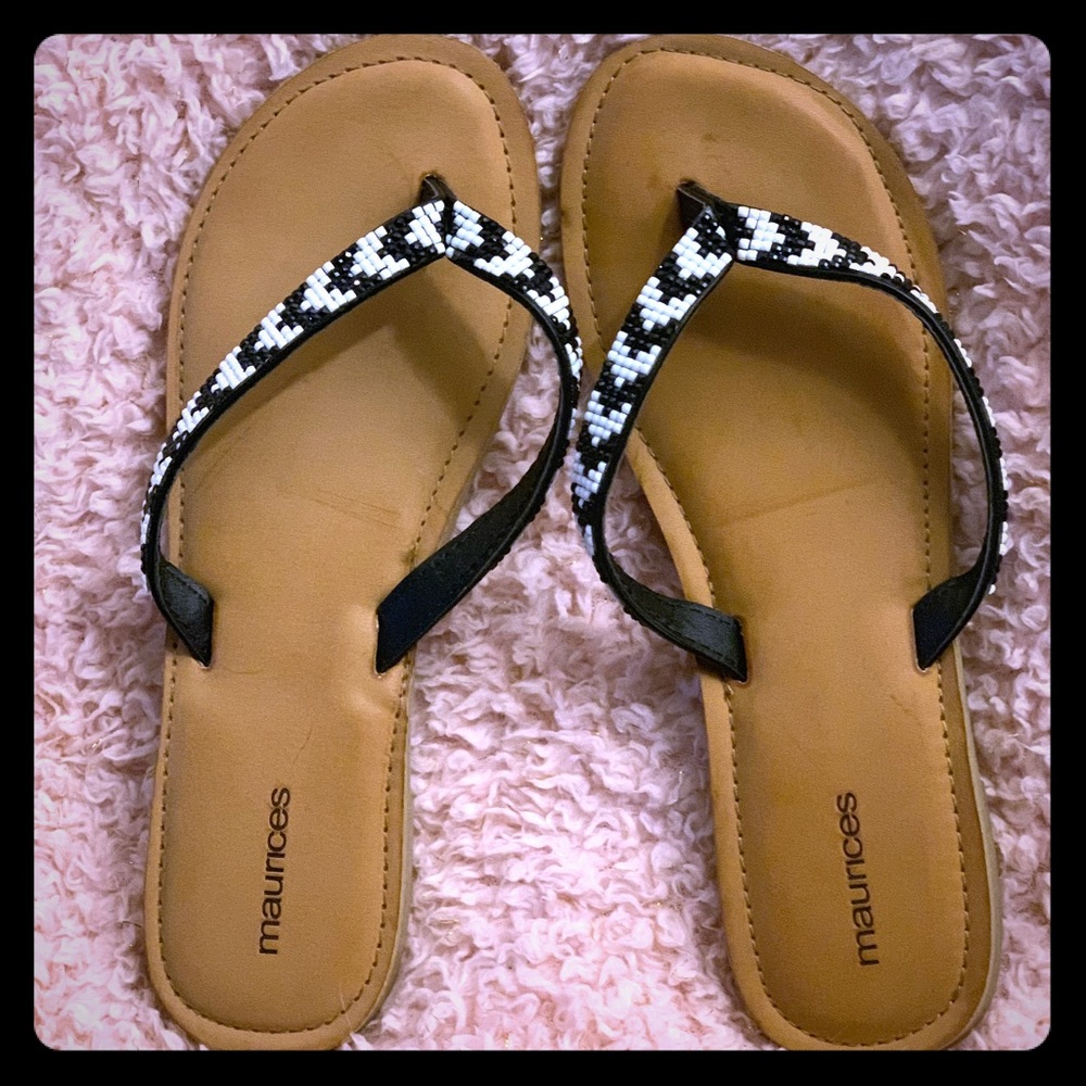 White and black beaded flip flops